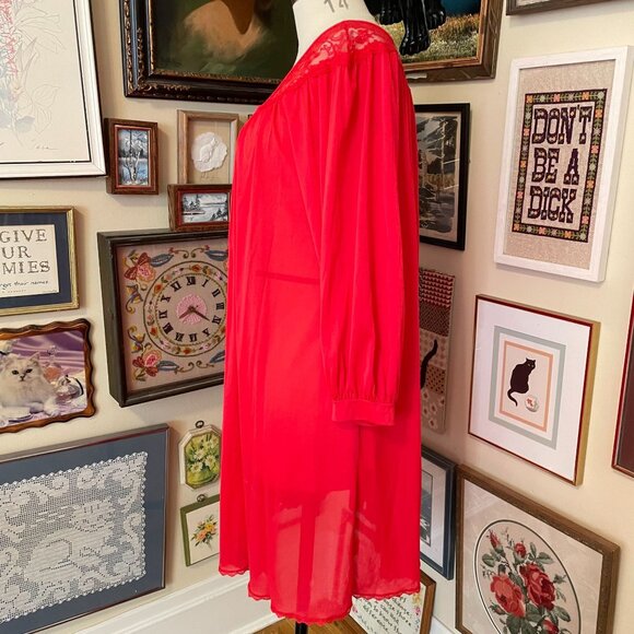 80s Vintage Miss Elaine Red Lace Trim Long Sleeve Nylon Robe Size L Made in USA - Picture 2 of 7